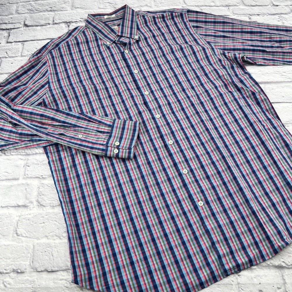 Peter Millar Mens XL Seaside Finish Plaid Button Down Shirt Blue Pink Green